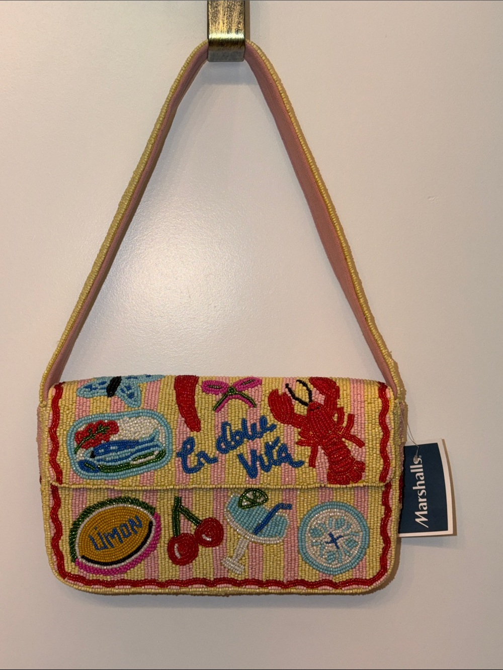 NWT-NEW VIRAL Beaded Pink 'La Dolce Vita' Shoulder Bag with Tropical Motifs